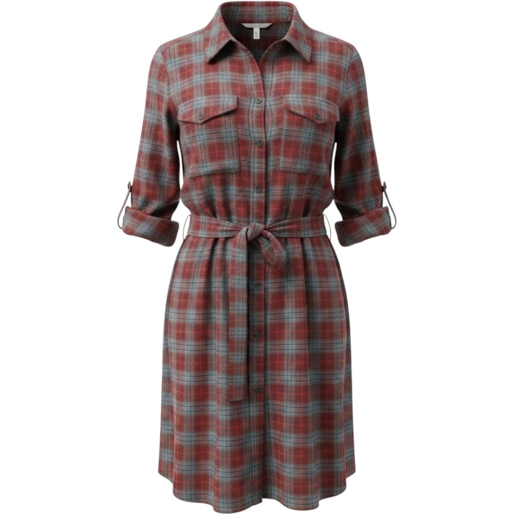 Red Grey Plaid Roll Tab Sleeve‎ Button Front Belted Shirt Dress Womens size Med